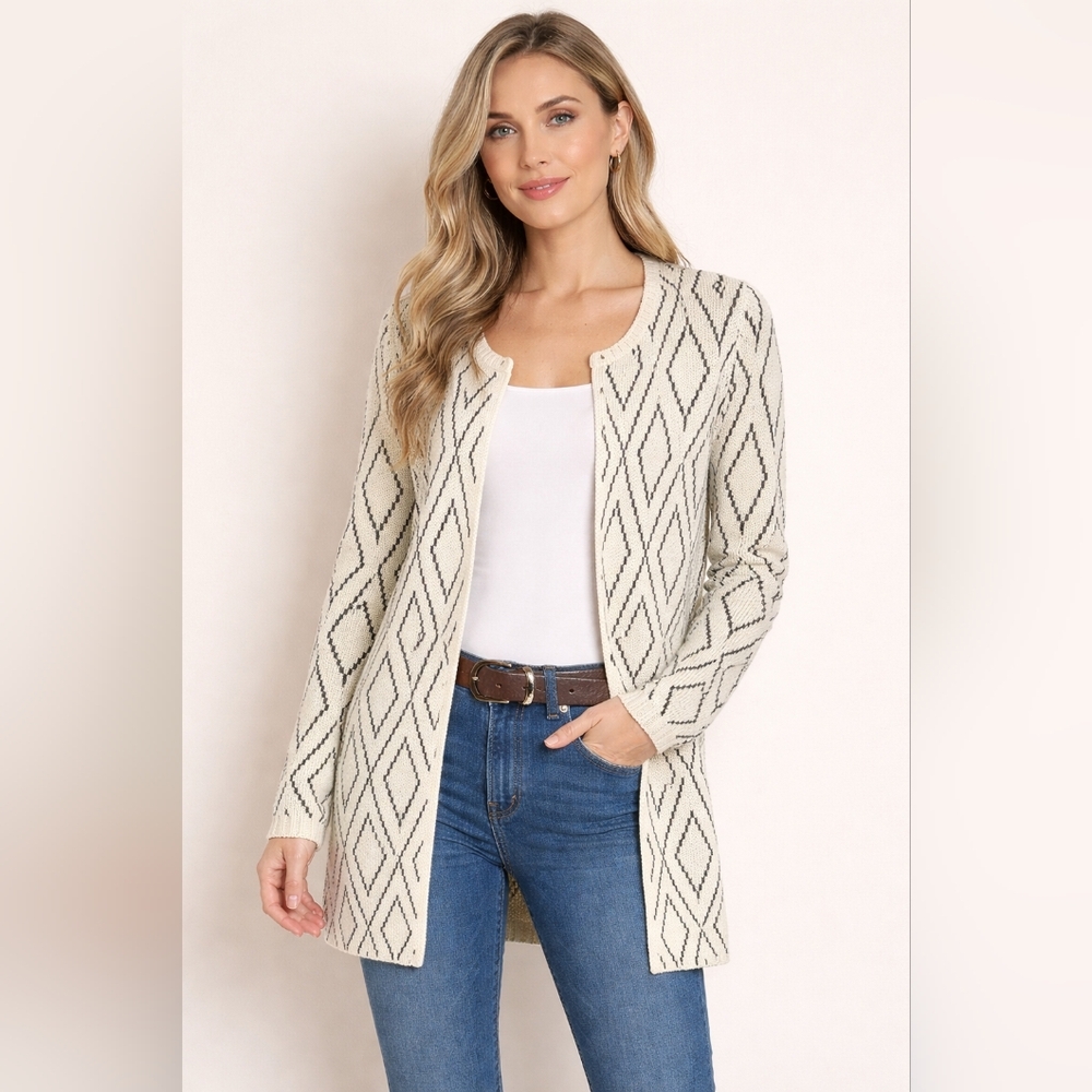 Olive & Oak by Escio Open Front Diamond Geometric Knit Cardigan Sweater XL